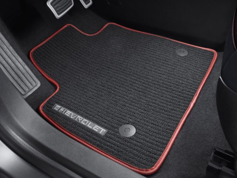 First-Row Premium Carpeted Floor Mats in Jet Black with Chevrolet Script and Red Binding/