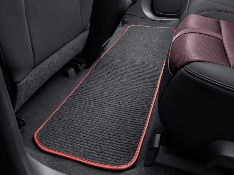 Second-Row One-Piece Premium Carpeted Floor Mat in Jet Black with Red Binding/