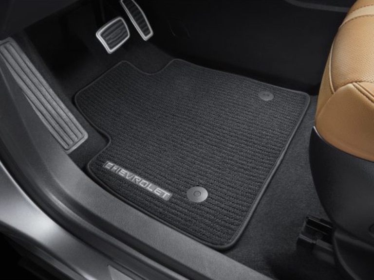 First-Row Premium Carpeted Floor Mats in Jet Black with Black Binding and Chevrolet Script/