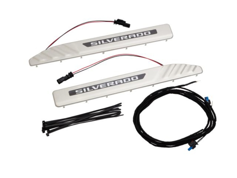 Illuminated Front Door Sill Plates in Stainless Steel with Silverado Script/