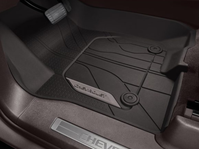 First-Row Premium All-Weather Floor Liners in Very Dark Atmosphere with Chevrolet Script/