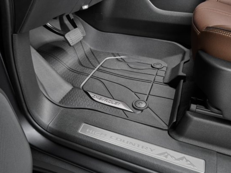 First-Row Premium All-Weather Floor Liners in Jet Black with Chrome Chevrolet Script/