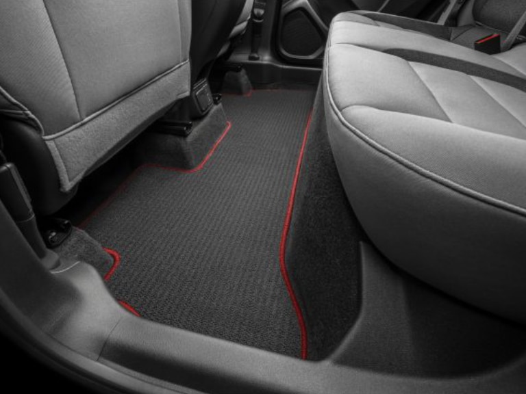First- and Second-Row Premium Carpeted Floor Mats in Jet Black with Racer Red Binding and Chevrolet Script (for FWD Models)/
